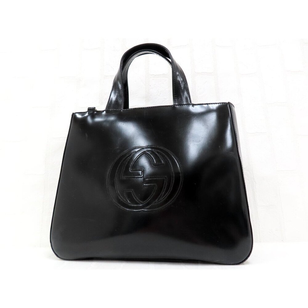 Gucci Enamel Patent Vernis Leather Leather Tote Handbag Black Silver Hardware